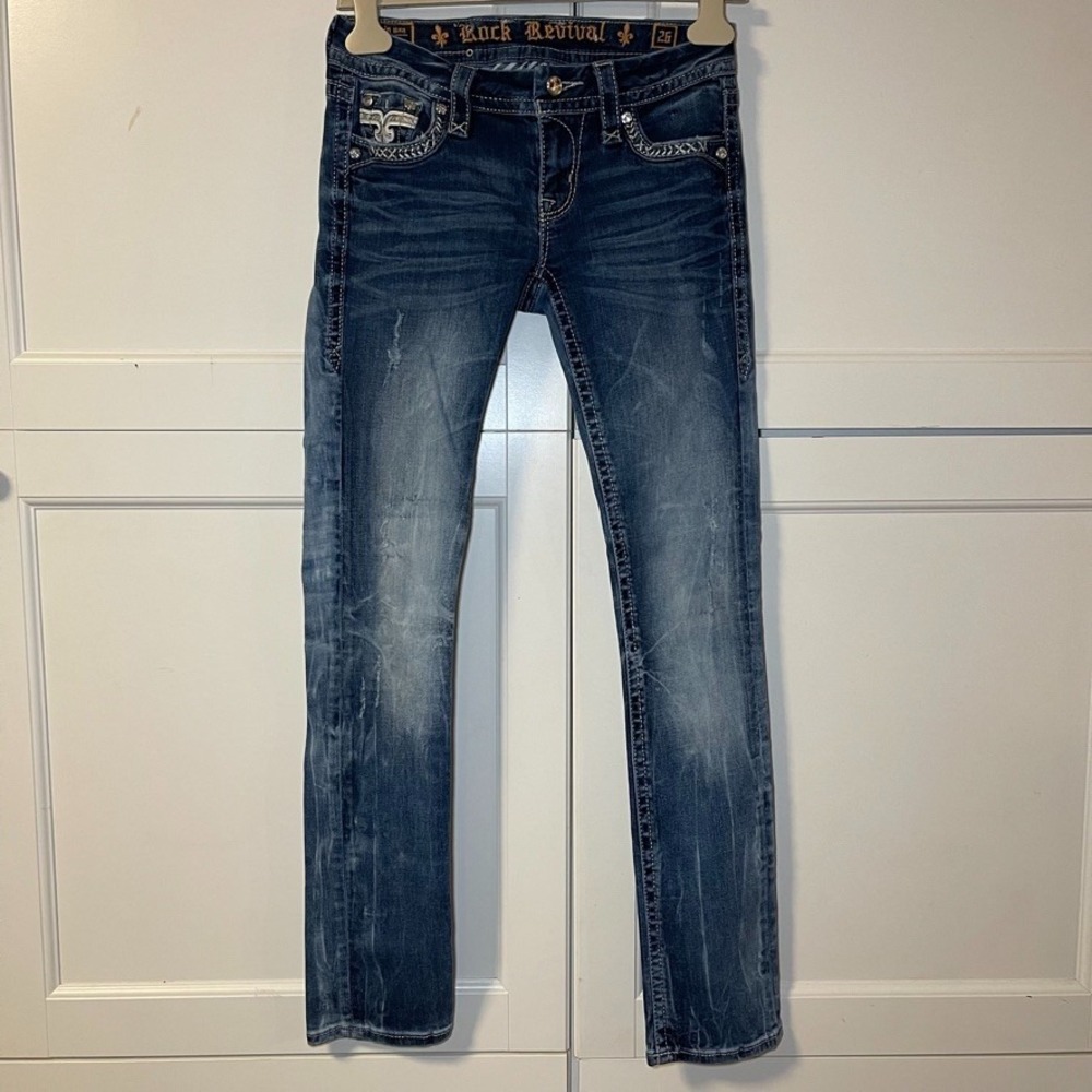 Rock Revival Womens Skinny Jeans Dark Wash Embroidered Flap Pocket Size 26